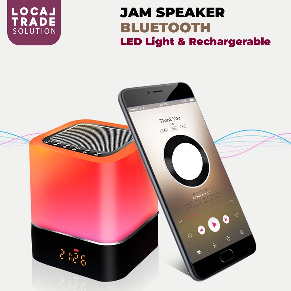 Jam Alarm Bluetooth Speaker With LED Light Portable USB Connection Rechargerable Clock LED