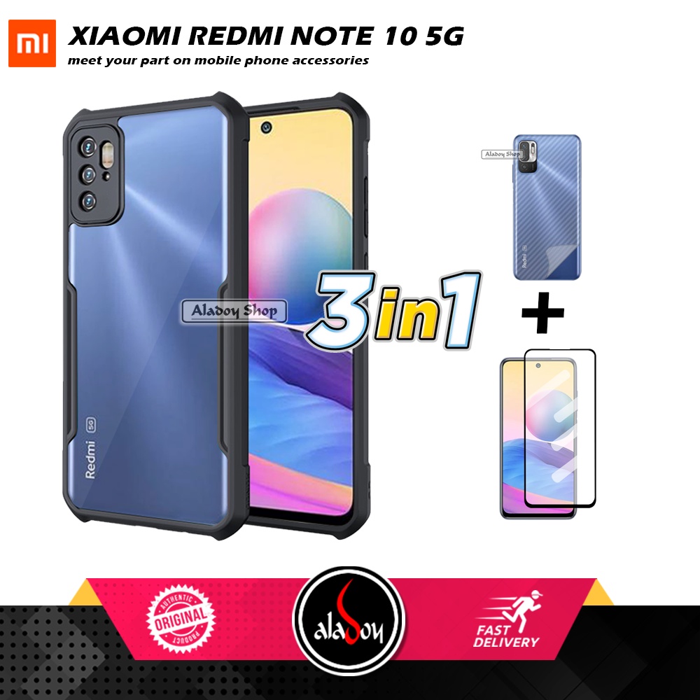 Case XIAOMI REDMI NOTE 10 5G Armor Fushion Transparent Casing + Tempered Glass Full Layar dan Skin Carbon