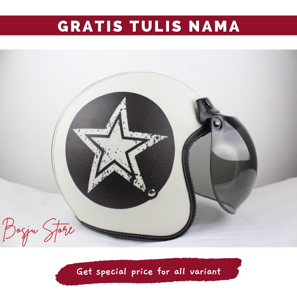 Helm Bogo Motif Bintang Hitam Putih | Custom Warna Nama | Hlem Retro Klasik Anak Cewek Wanita Remaja