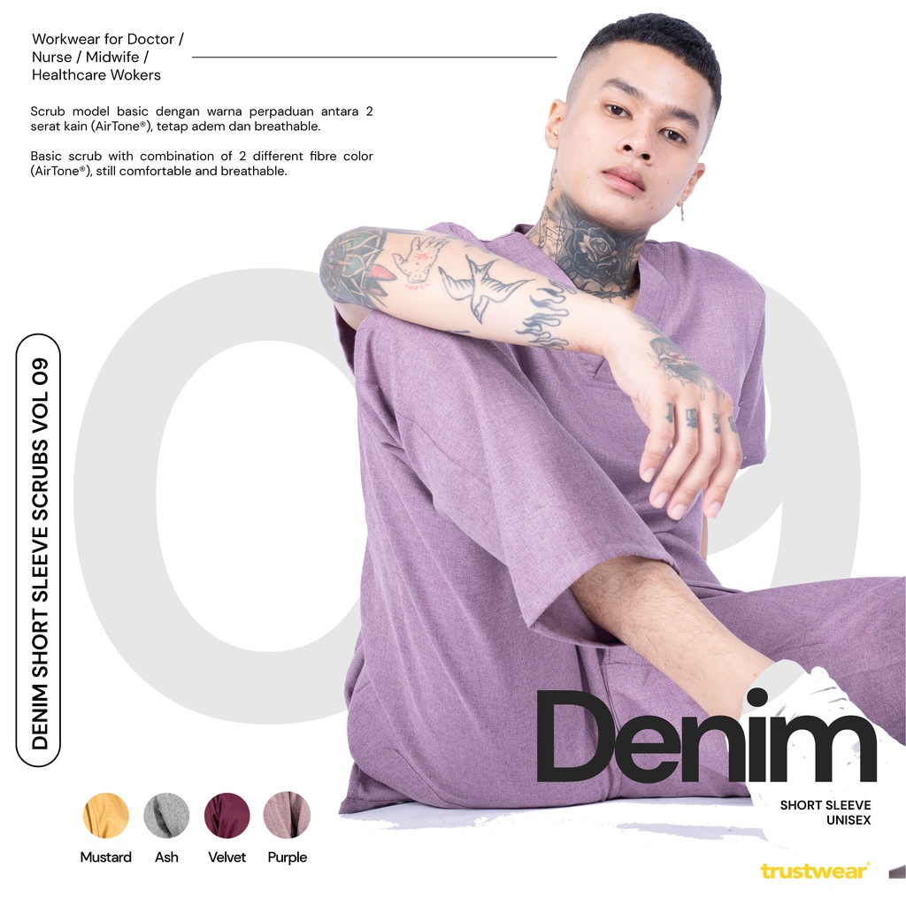 [DENIM COLLECTION] Doctor’s Scrub/Set Baju Celana Jaga  OKA OK Perawat/Dokter Lengan Pendek IX