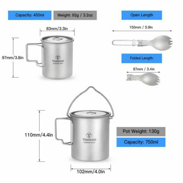 Tomshoo titanium set 3pcs pot 750ml cup 450ml spork ultralight camping outdoor