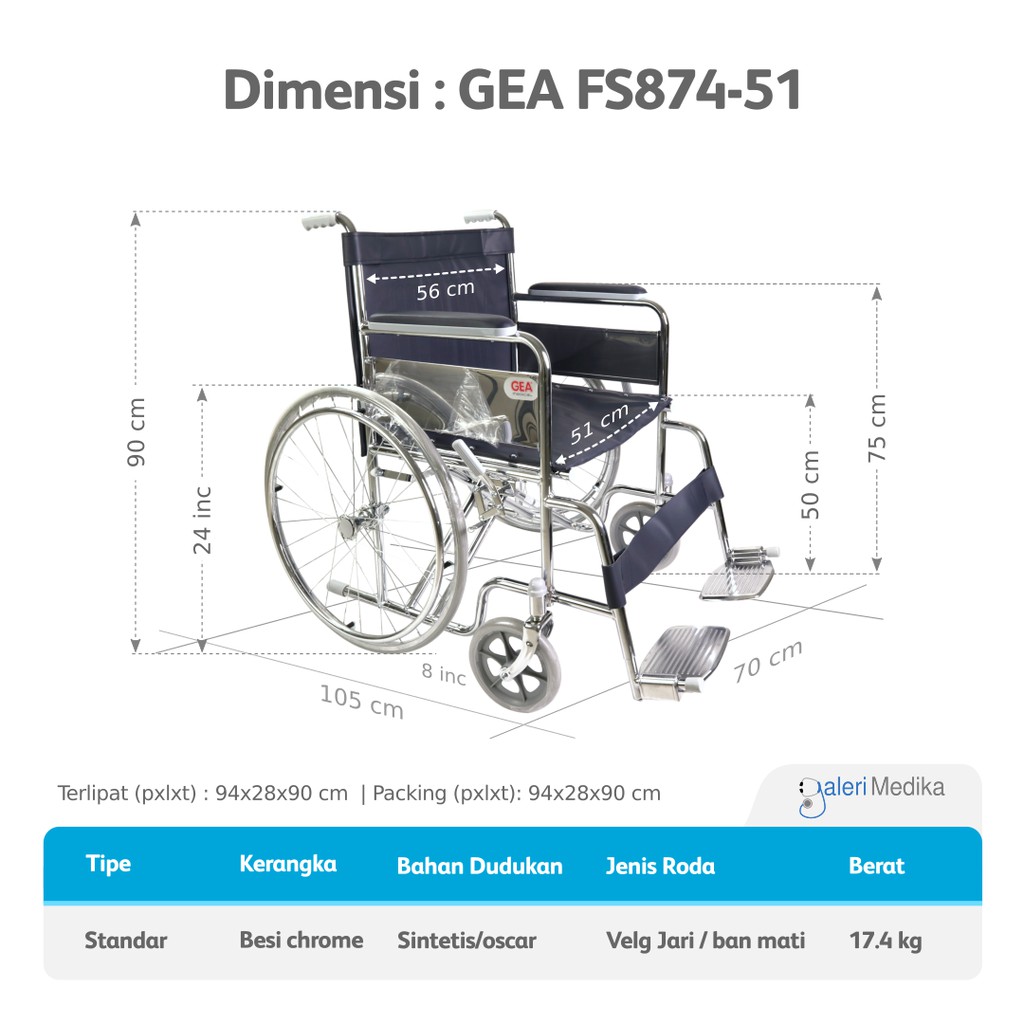 Kursi Roda Jumbo Kapasitas 120Kg GEA FS874-51 / FS-874 51 / FS 874-51 - Big Wheelchair