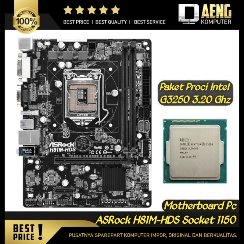 Motherboard Mainboard Mobo Pc Merk ASRock H81M-HDS Paket Prosesor Intel G3250 3.20 GHz Socket 1150