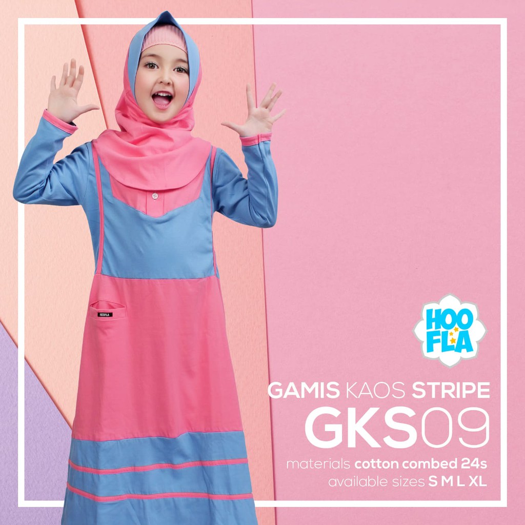 KAE gamis kaos stripe set kerudung " GKS09 " pink salem - biru baby