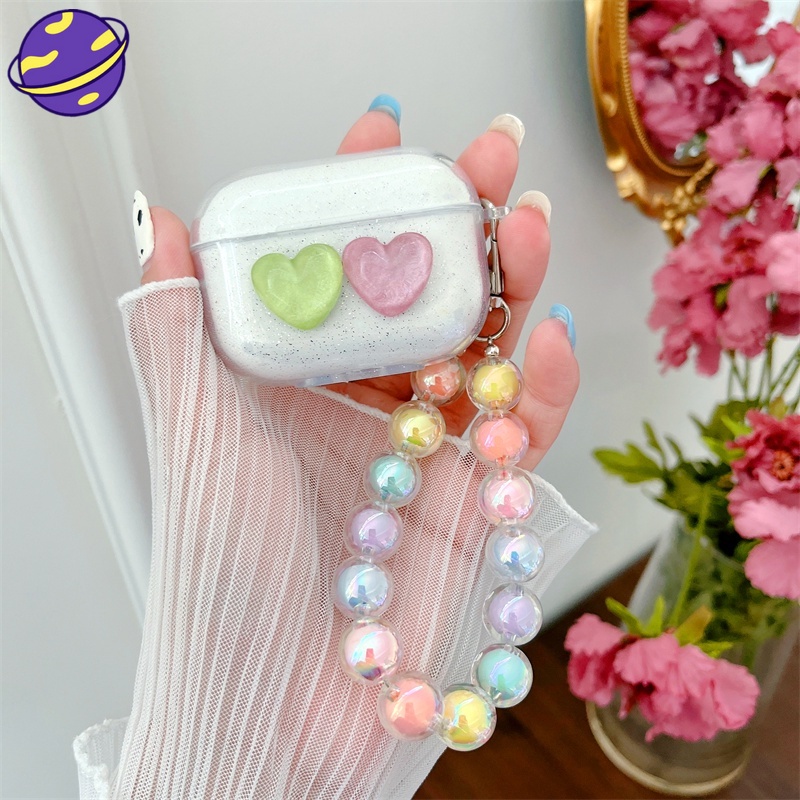 Casing Soft Case Silikon Motif Kartun Aksen Glitter + Strap Mutiara Untuk AirPods 1 / 2 / 3 Pro