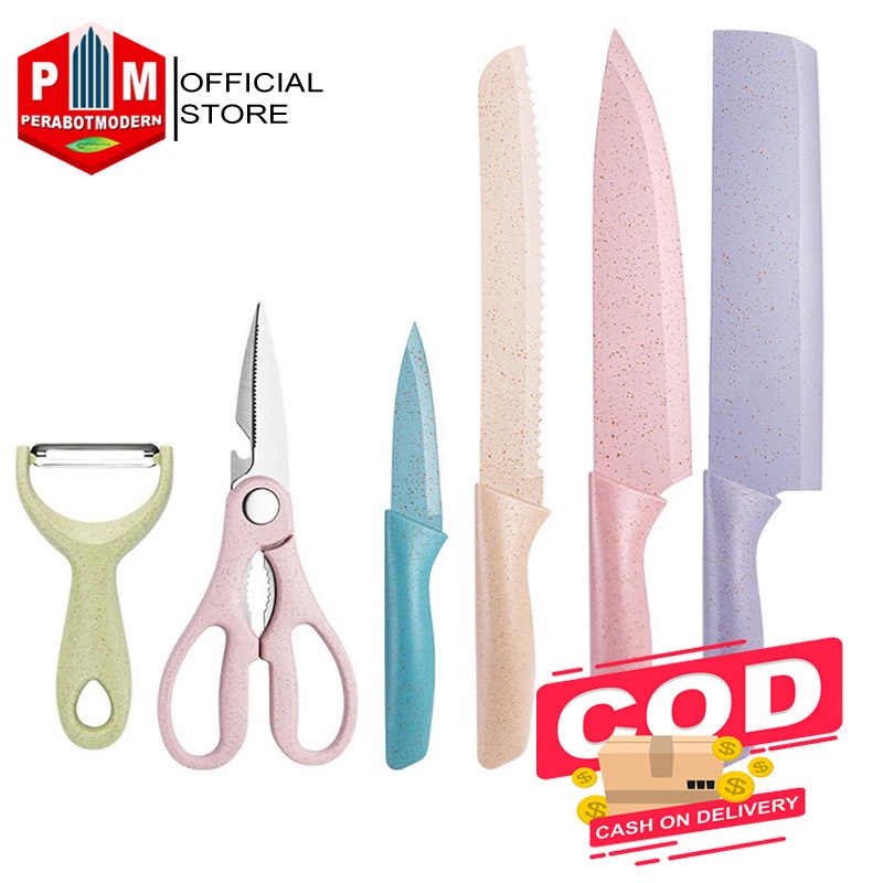 Pisau Set 6IN1 Stainless Dilapis Keramik Anti Lengket / Pisau Dapur / Pisau Jerami Set 6 in 1 / peleer pisau pengupas kentang wortel pisau daging steak bbq yakiniku teriyaki pisau roti burger tart pisau buah apel sayur bawang gunting tajam pembuka botol