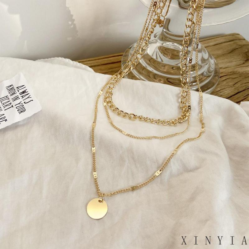 Xia.id Kalung Rantai Pendek Multi layer Liontin Bulat Kecil Hias Kristal Untuk Pria / Wanita