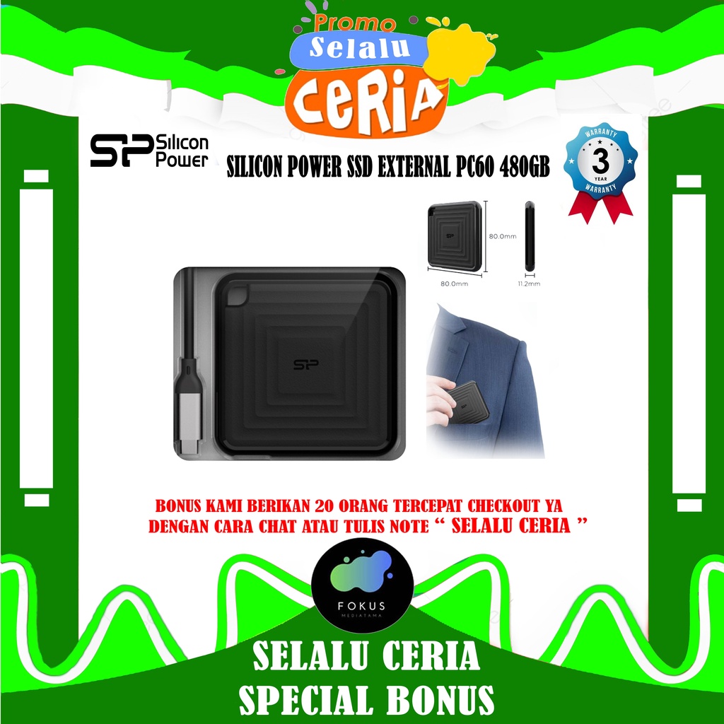 Silicon Power SSD External PC60 480GB Eksternal Type-C ke USB 3.2