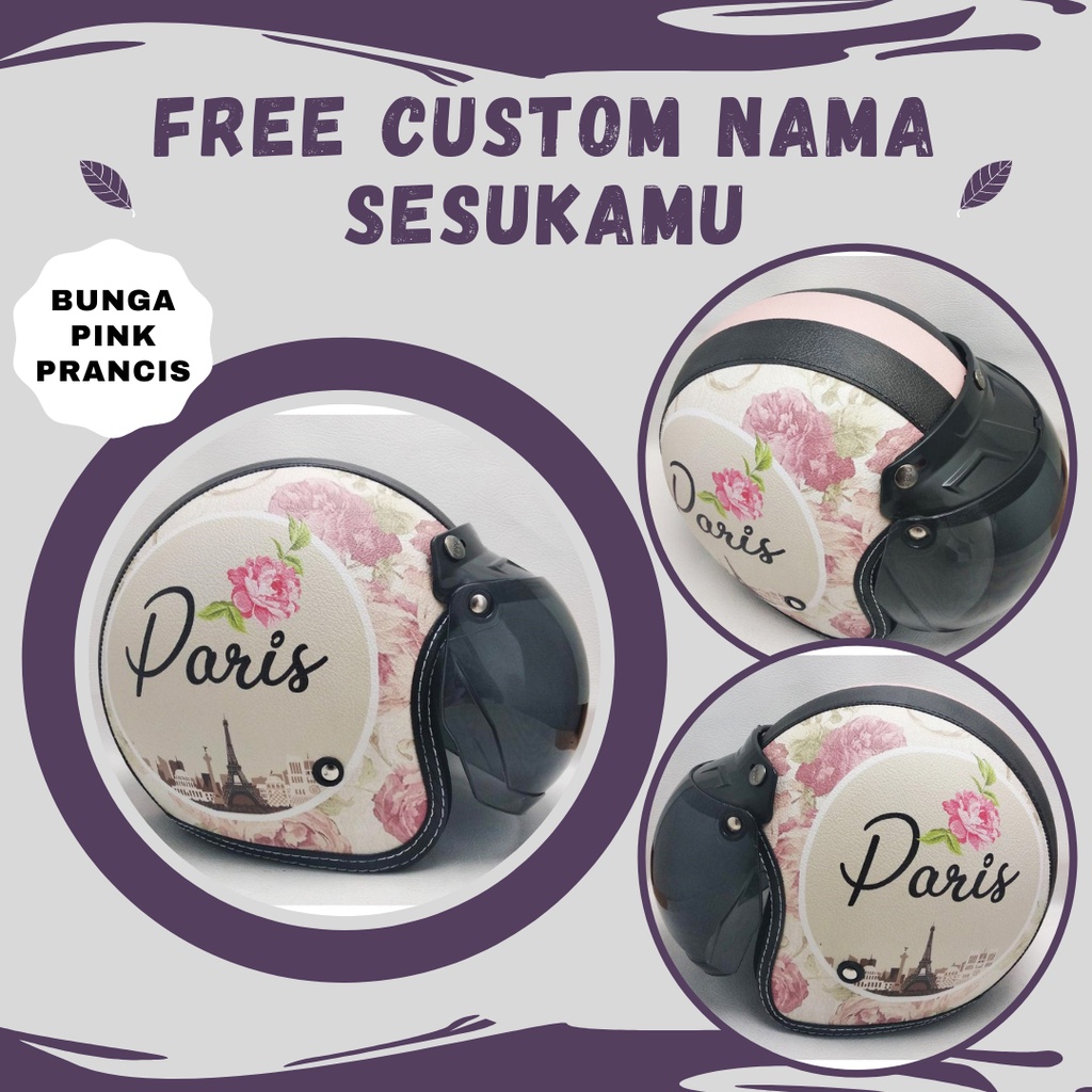 HELM BOGO RETRO MOTIF BUNGA PINK PRANCIS KLASIK SNI KULIT WANITA DEWASA KACA DATAR - HELEM BOGO BOSJ