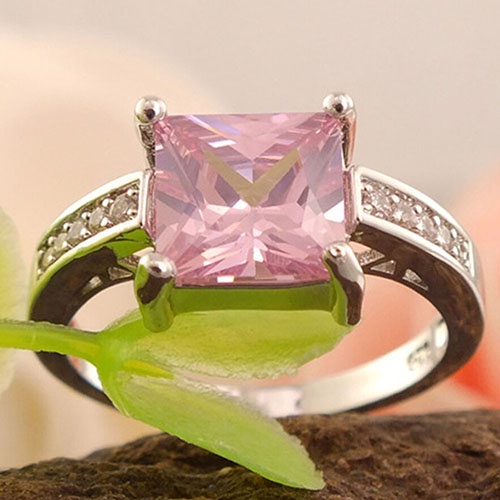 Hu Hu Hu Hu Hu Alat Bantu Pasang Kacamata♡ Cincin Lapis Silver Dengan Cubic Zirconia Kotak Warna Pink Ukuran US 7 8 9 Untuk Wanita