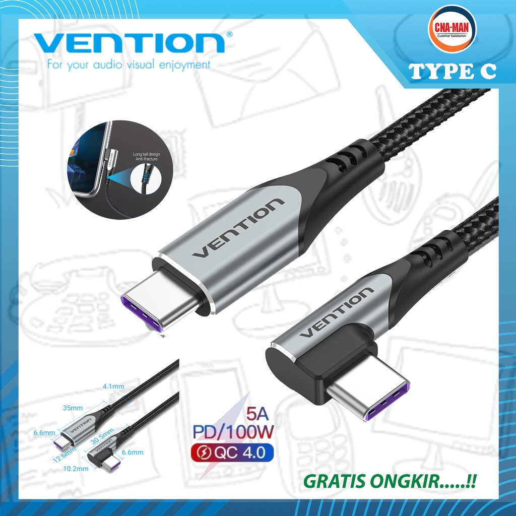 Vention Kabel USB Braided Type C to C Siku PD 5A Fast Charge QC4.0 100W 1M 1.5M 2M