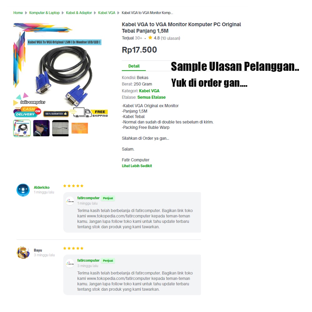 Kabel VGA to VGA PC Komputer Dekstop CCTV Original Tebal Panjang 1.5M Copotan CPU