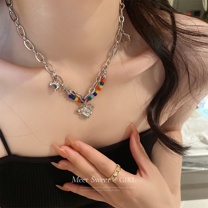 Y2k Kalung Choker Rantai Silver Hias Manik Hati Warna Warni Untuk Wanita