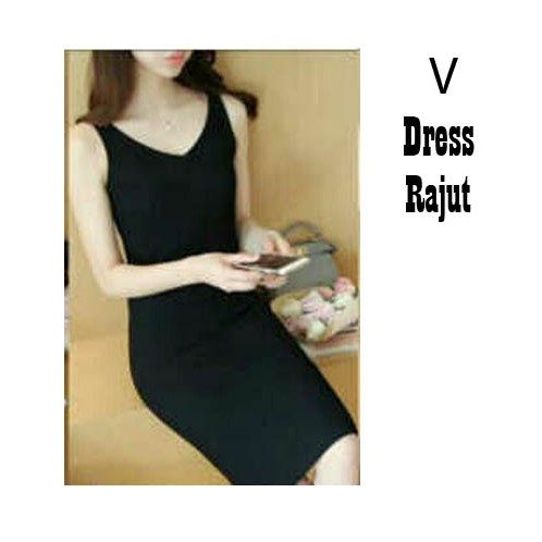 HOPYLOVY - Dress Sleeveless Wanita Kerah V bahan Rajut