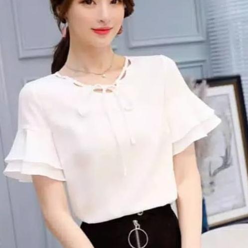 Blouse Ruffle Tangan Unik Korea Baju Polos Atasan Wanita Pesta Bluss