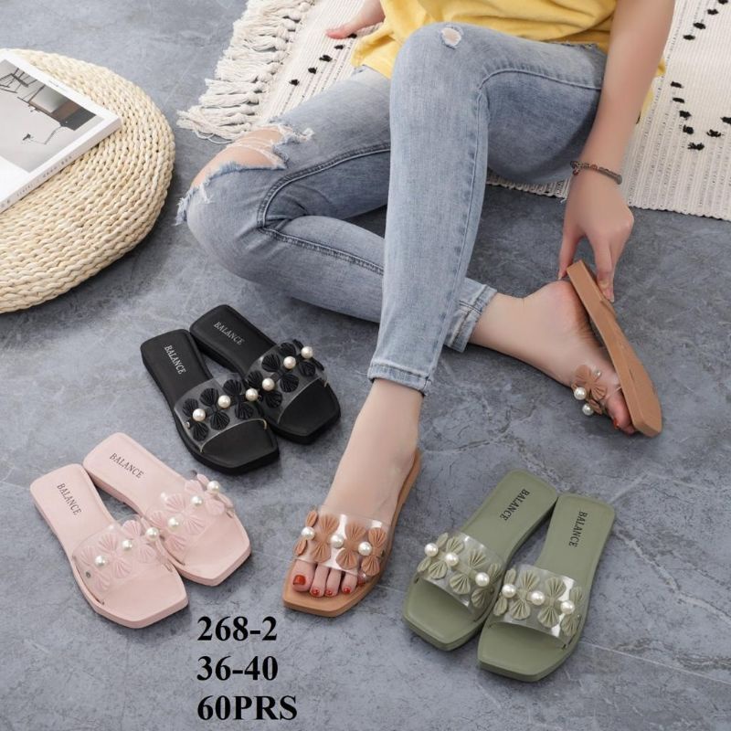 Sandal Jelly , Sandal Slop Karet Wanita Balance 268-2 motif bunga mutiara terbaru