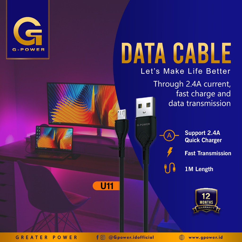 GPOWER CABLE DATA U11 (MICRO USB) with Support 2.4A Quick Charge, Fast Transmission GARANSI 1 TAHUN