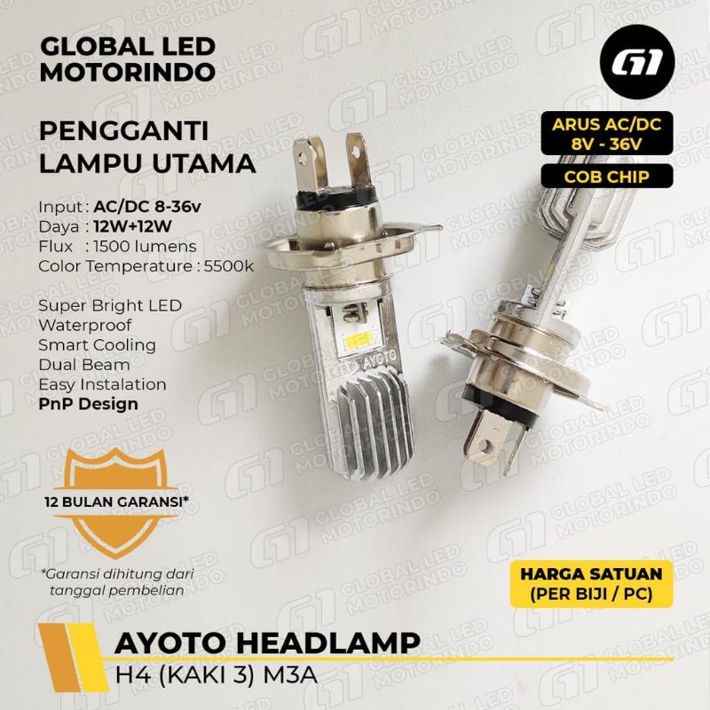 LAMPU UTAMA LED M3A HEADLAMP AYOTO H4 HS1 12 WATT PUTIH VIXION