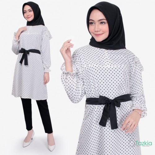 Baju Atasan Wanita Muslim Polkadot Putih dan Hitam Polka White and Black Tunik Terbaru 2022 Bahan Mo