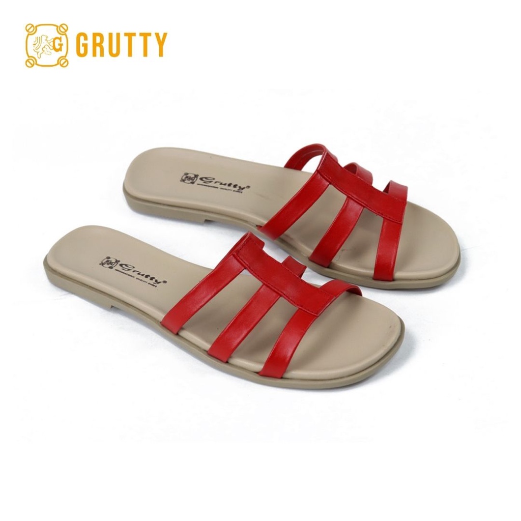 Grutty Flat Sandal Wanita Kulit asli slide sandal teplek Sandal Flat Merah Cream