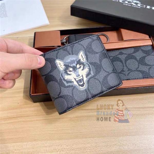 SALE Dompet COACH Wallet Billfold Signature Canvas With Wolf Print Original