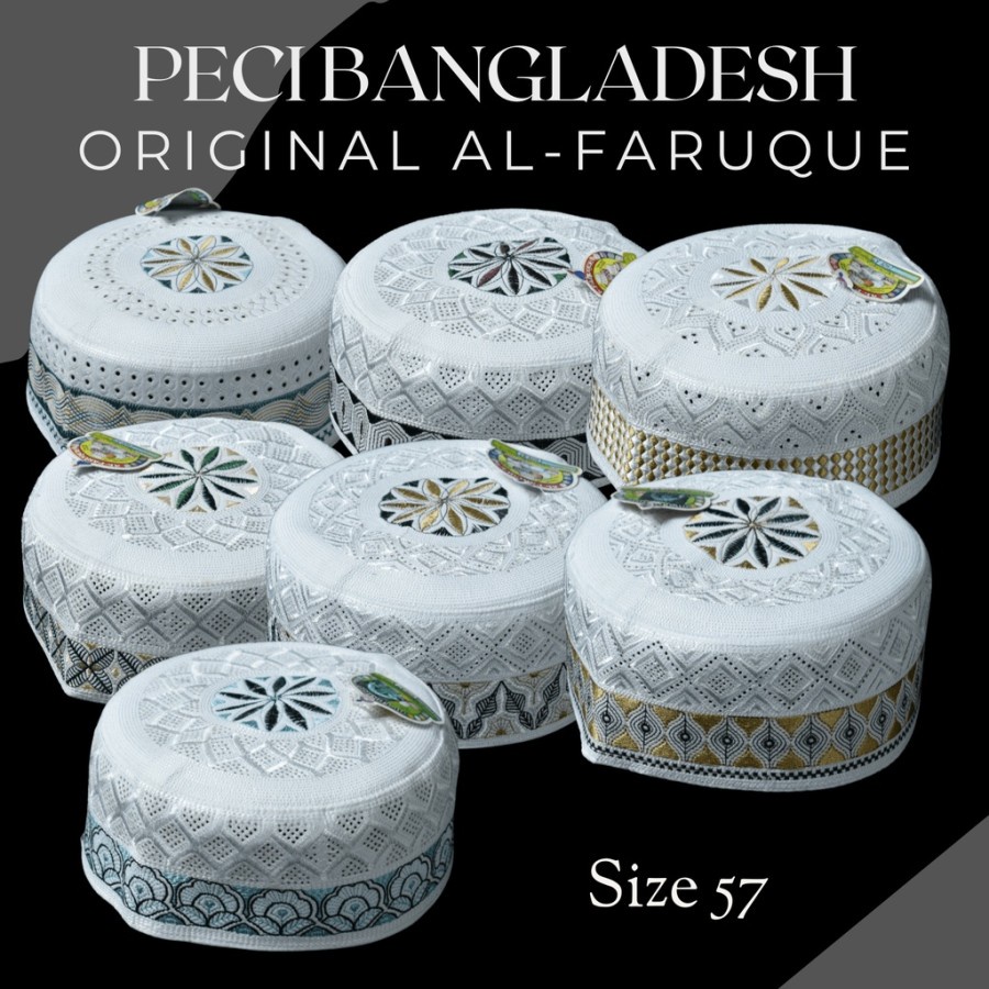 PECI IMPOR KOPIAH BANGLADESH MOTIF BORDIR PUTIH SIZE 57