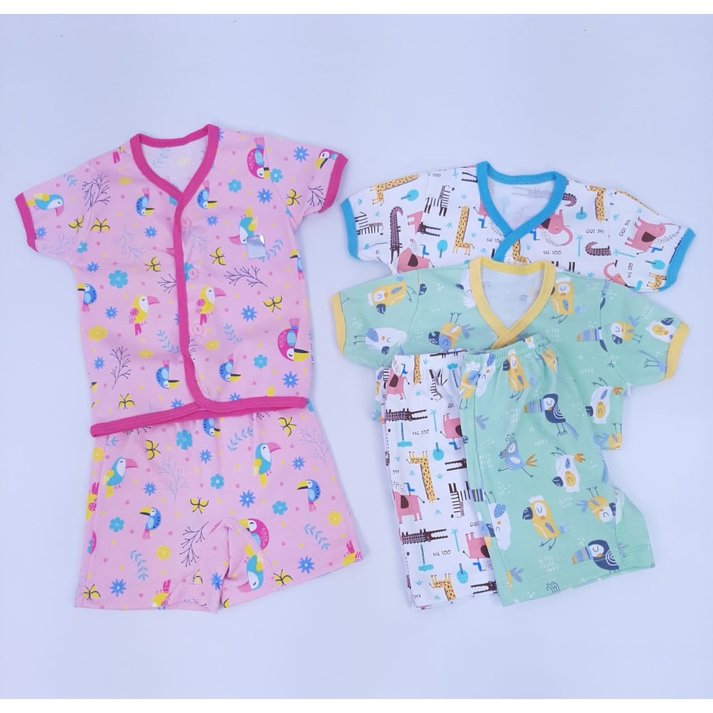 Baju Lengan Pendek Bis Kancing Depan & Celana Kotak 3 Setel - Setelan Baju Bayi Little Queen