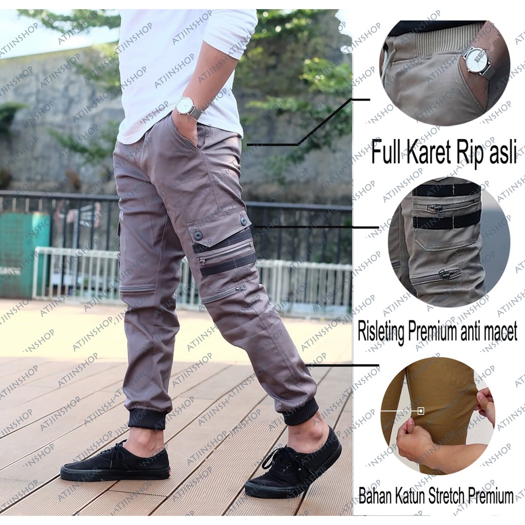 Atjin- Celana Joger Kargo Korea Bahan Twill Tebal Slim Fit [Hitam-Abu-Krem]