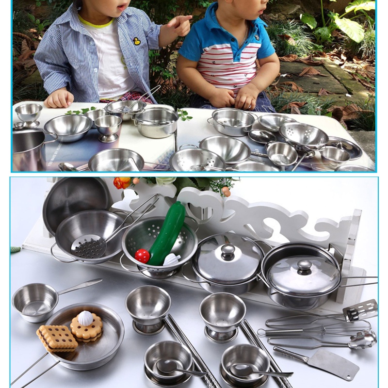 Mary 25Pcs Stainless Steel Mainan Dapur Rumah Anak Anak Berpura-Pura Bermain Peralatan Masak Memasak Playset