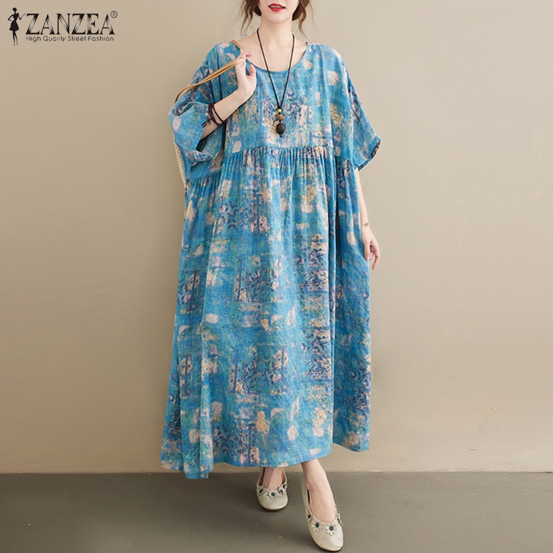 ZANZEA Women Fashion Casual Floral Printed Short Sleeve Holiday Loose Long Dress