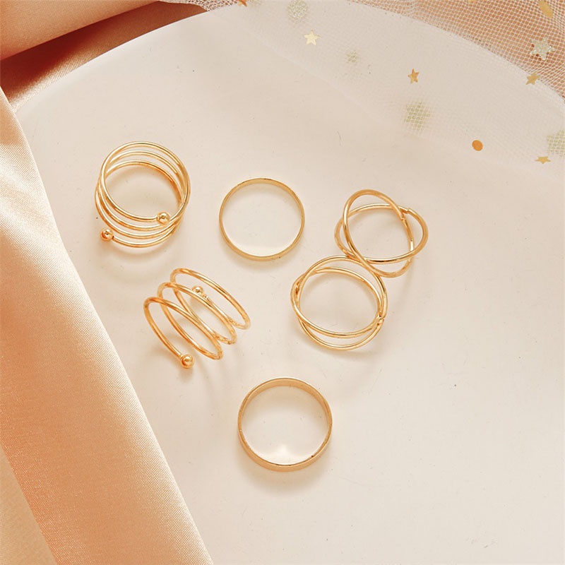 COD❤6 Pcs/Set Cincin Korea titanium Bentuk Spiral Warna Emas Gaya Retro Bohemian retro