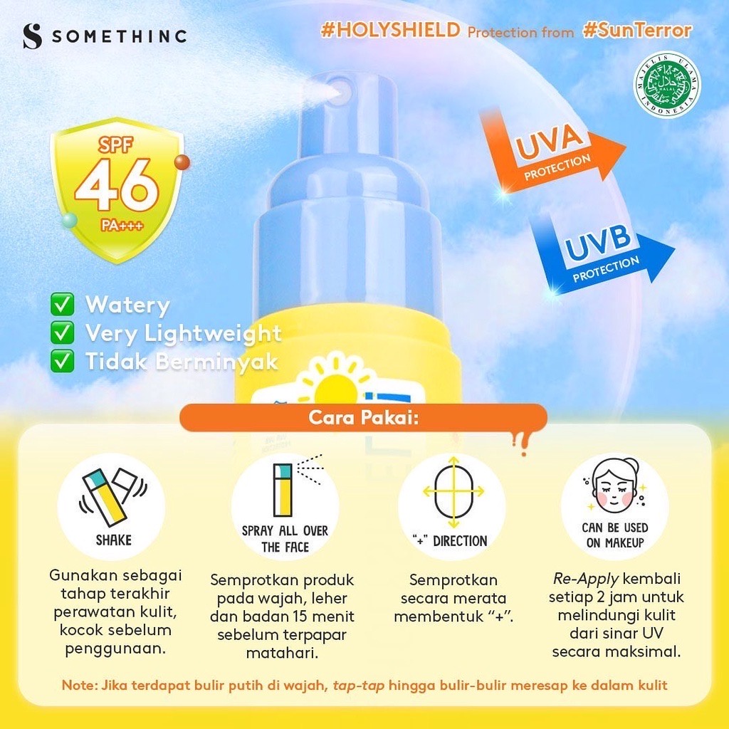 SOMETHINC Sun Care Indonesia / Sunscreen SPF 50 PA++++ UV Shield Suncare Sunblock Sunblok Gel Mist Spray Stick Serum Holyshield Glowing Up / Skincare Body Care Make Up / Cleanser Essence Toner Eye Cream Mask Masker Moisturizer Pelembab / Paket Set Face