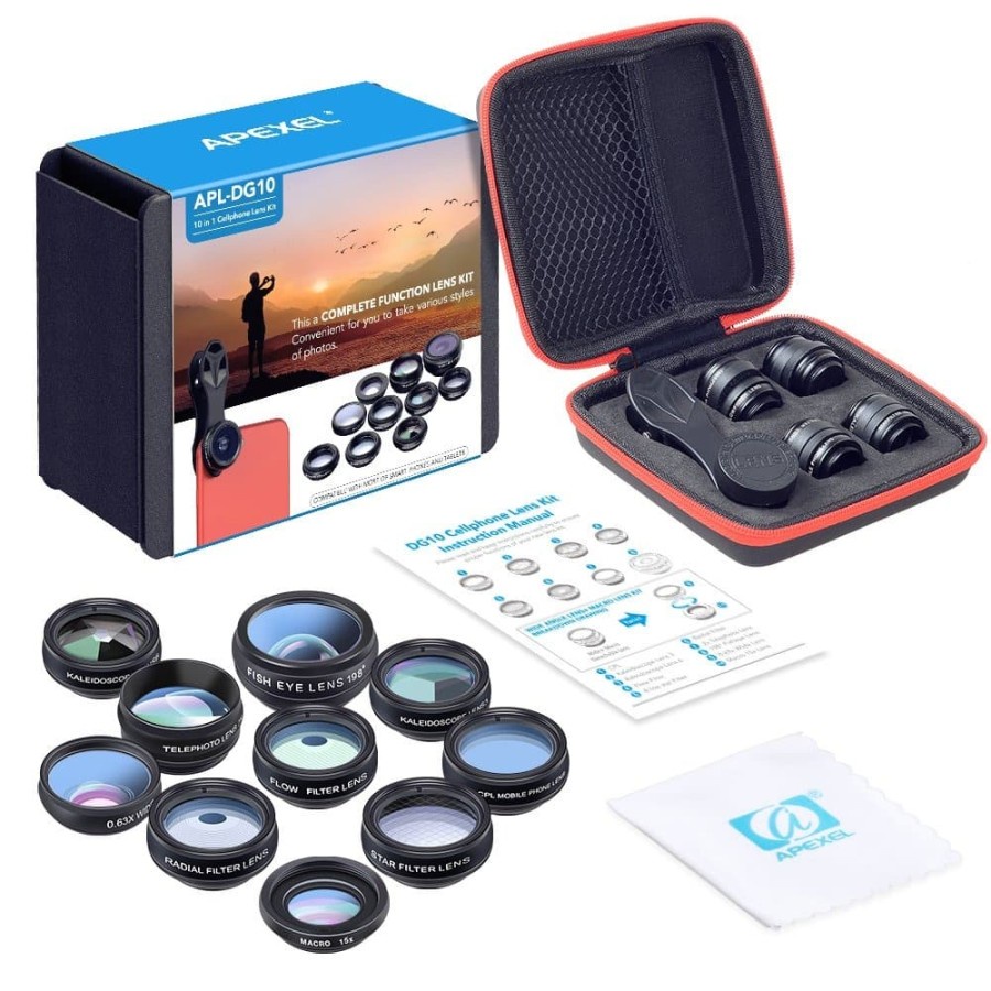 APEXEL 10 in 1 Lensa Fisheye + Macro + Wide Angle + Telephoto + Kaleidoscope + Filter Lens Kit - APL-DG10 - Black