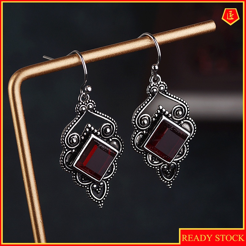 [Ready Stock]S925 Vintage Silver Inlaid Ruby Square Diamond Earrings