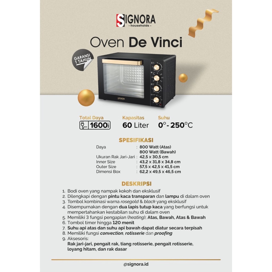 Oven Signora De Vinci Kapasitas 60 Liter/Oven Listrik Signora DeVinci