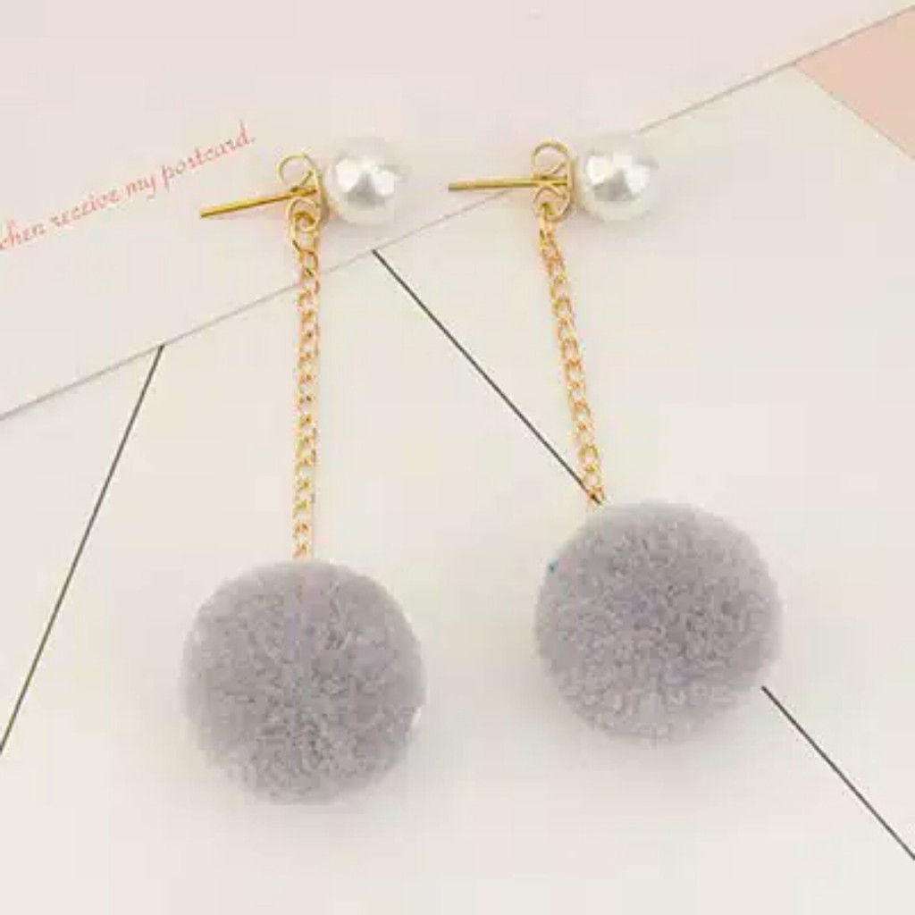 Anting Tusuk Wanita Kekinian Korea Style Model  RantaiI  Mix Bola Pompom MISS  101