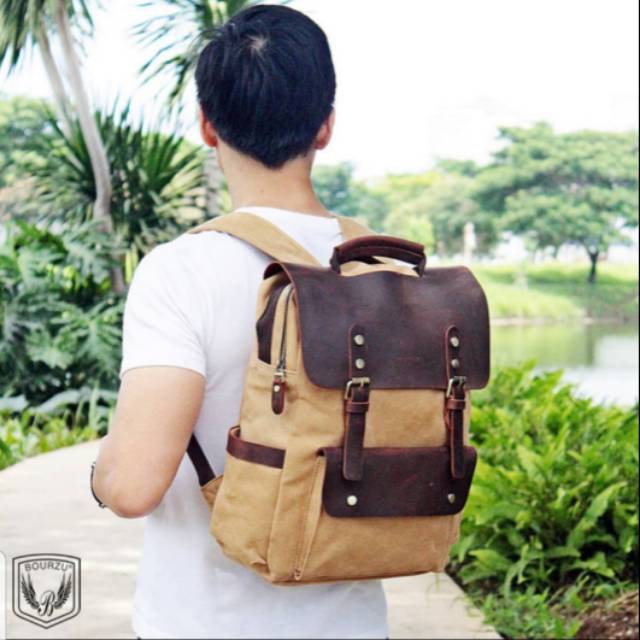 [BOURZU] BISA COD Tas Ransel Laptop Backpack Pria Branded Genuine Leather Kanvas Bourzu