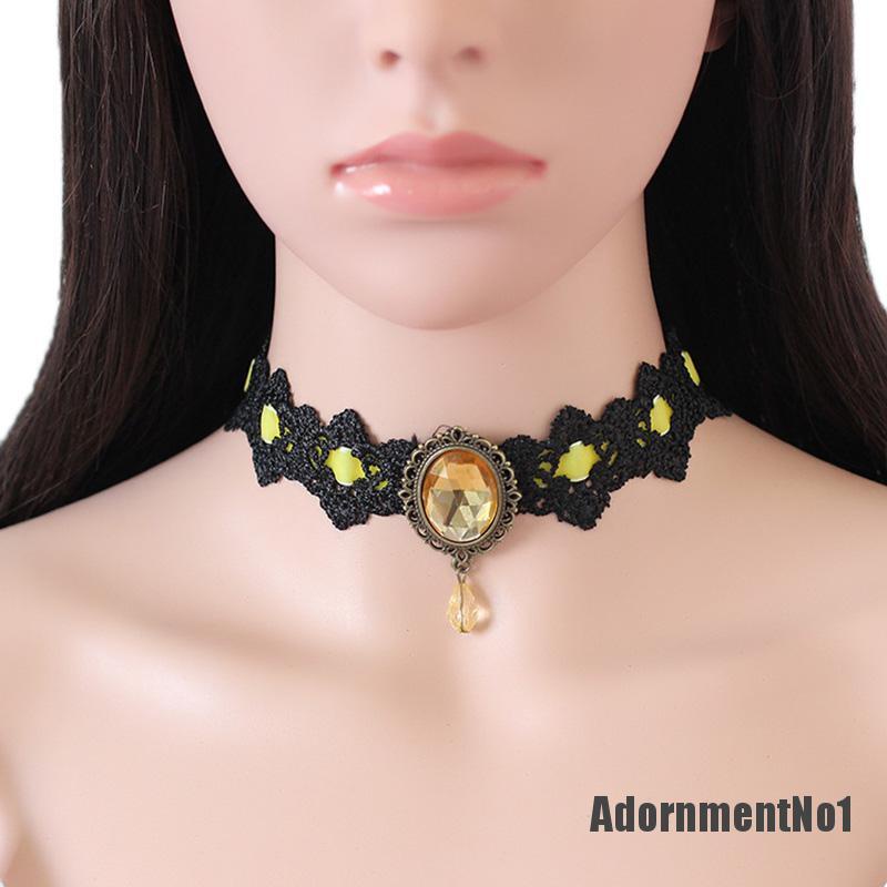 (Adornmentno1) Kalung Choker Lace Hitam Hias Kristal + Rantai Gaya Vintage / Gothic Untuk Wanita