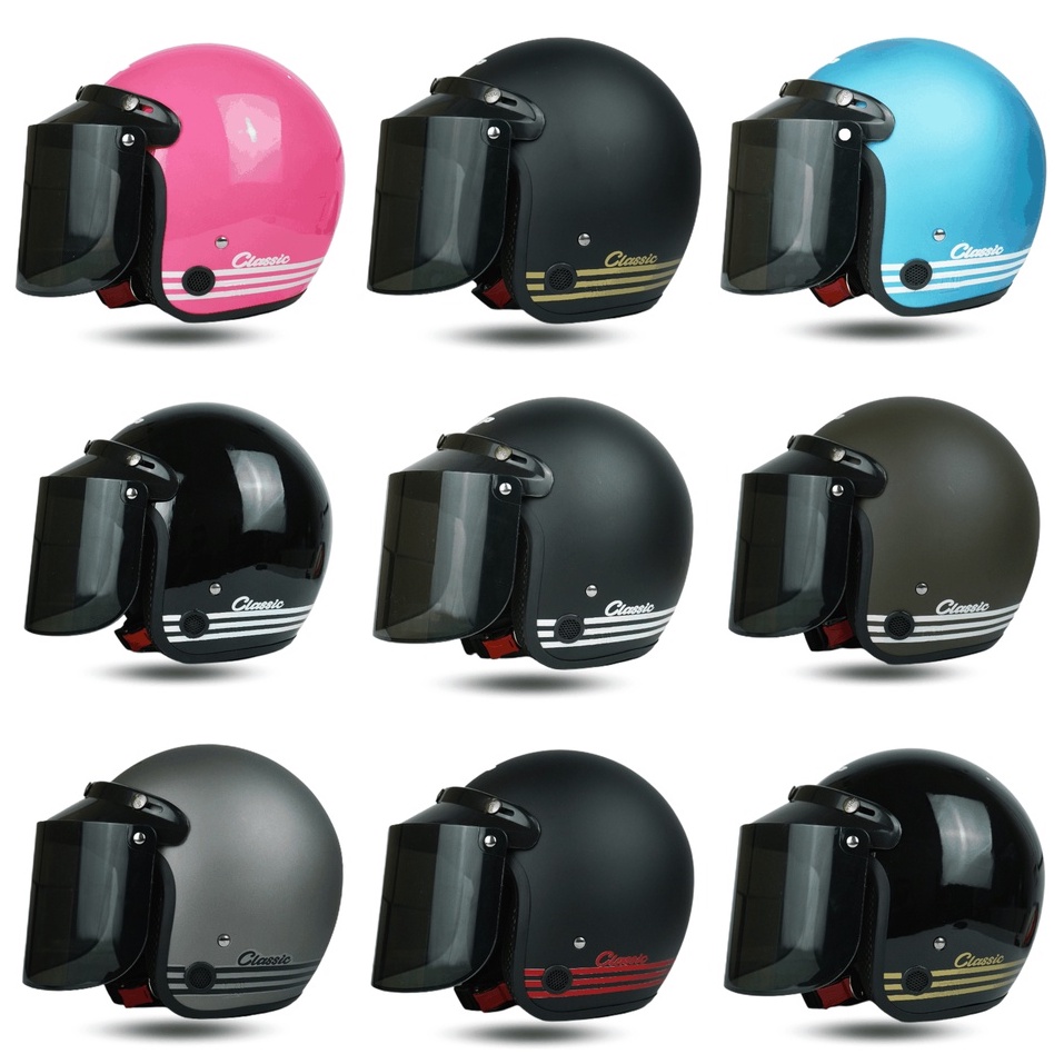 Helm Bogo Classic Garis Dewasa Pria Wanita Kekinian Kaca Datar SNI