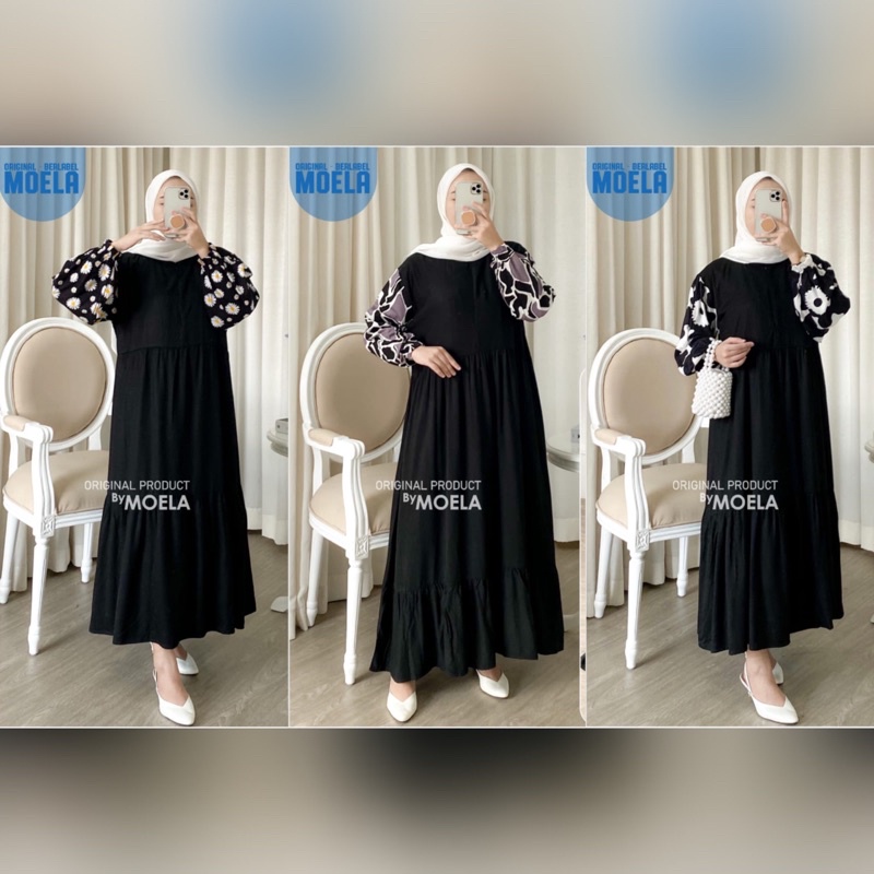 GAMIS MONCHROME MONOKROM DAIBI AHEM MIDI DRESS HITAM COTTON KATUN RAYON VISCOSE POLOS BUSUI LENGAN B