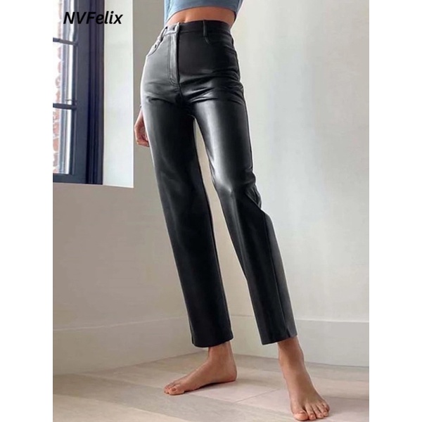 Celana kulit wanita lurus Leather Pants straight Rise's