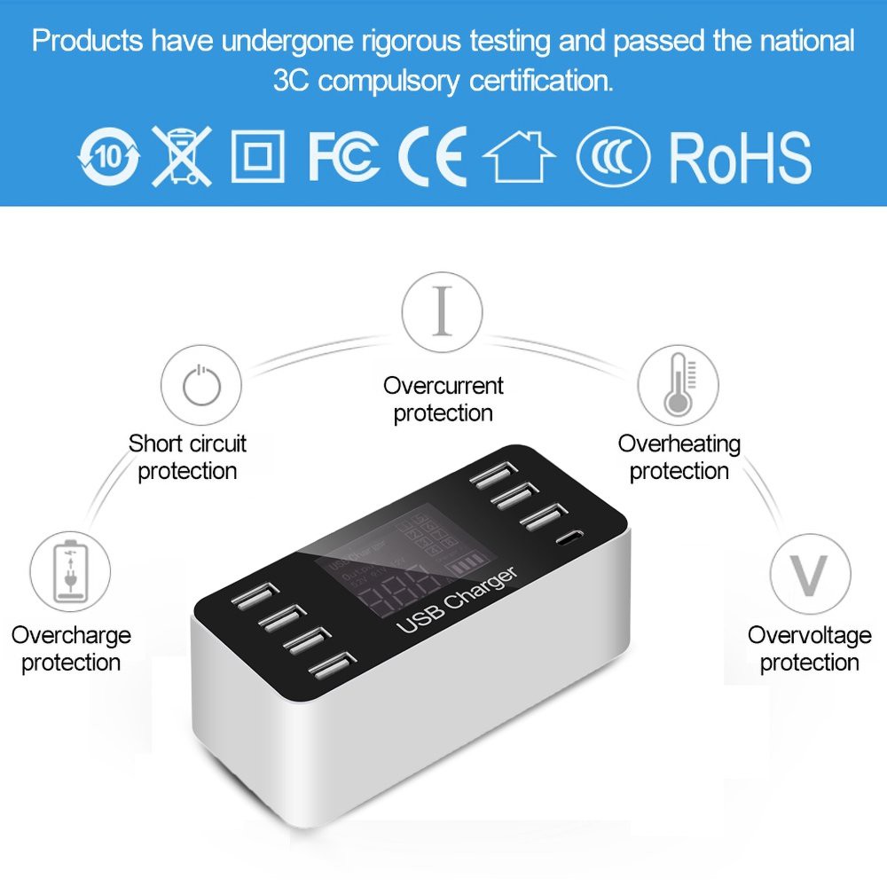 A9 Adaptor Charger 7 Port USB Fast &amp; 1 Port Tipe C dengan Display LCD