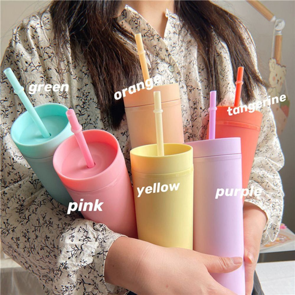 ELEGANT Portable Straw Cup Candy|Color Water Cup Water Bottle With Lid Plastic Pipette Straight Tube Large-capacity Double-layer Coffee Pot/Multicolor