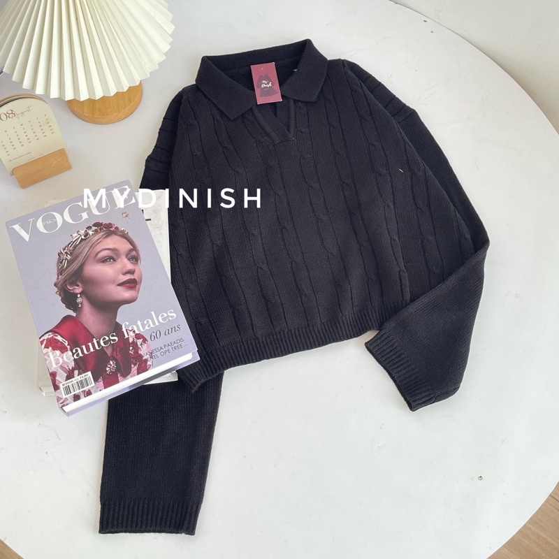 Jinny Crop Cable Top Atasan Polo Rajut Premium Sweater Rajut Wanita