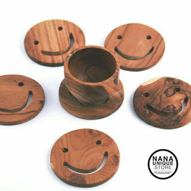 SMILEY COASTER - Coaster Kayu/ Tatakan gelas/ Tatakan Cangkir /Tatakan Kayu/ Wooden Coaster/ Tray Ka