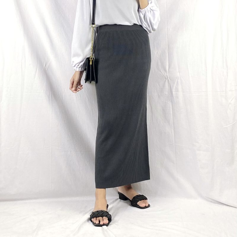 ROK RAJUT SPAN KNIT/ROK PANJANG-Abu Tua