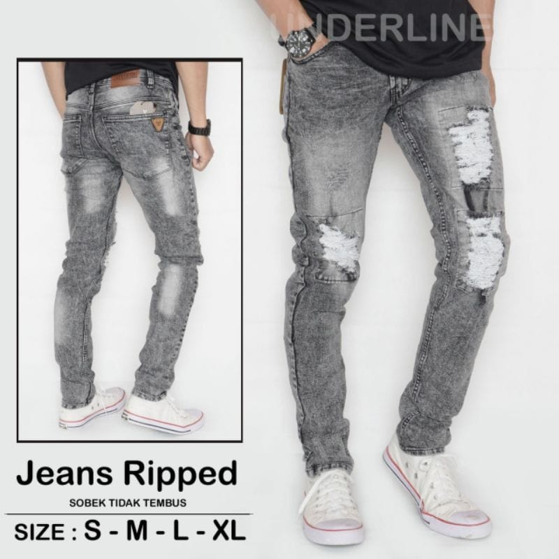 Celana Jeans Pria Sobek Tidak Tembus - 3 RIPPED - S, M, L, & XL - Hitam Terang - Celana Jeans Ripped