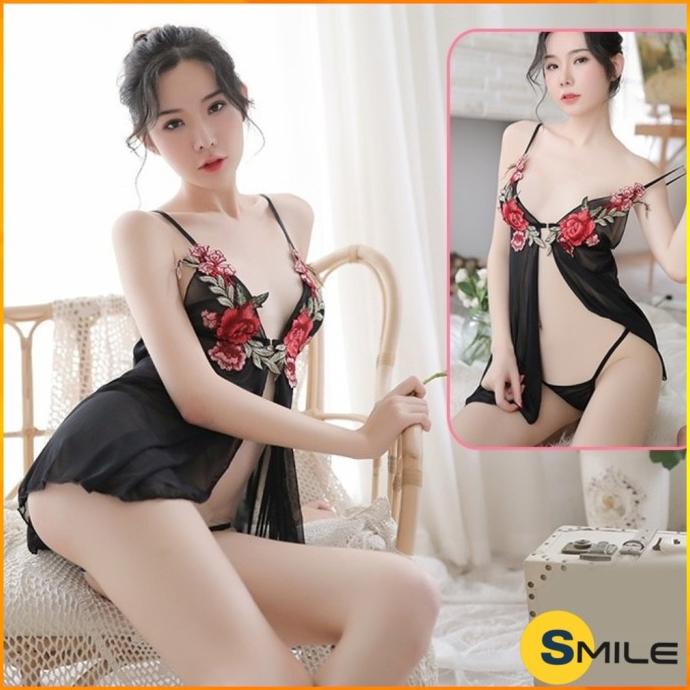 Smile Set Lingerie Sexy Pakaian Dalam Wanita Tali Spaghetti Aksen Lace