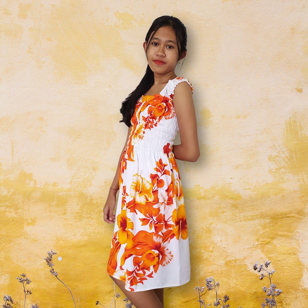 Dress Casual Motif Bunga - Midi Dress Remaja Putri Tanpa Lengan Warna Putih Orange