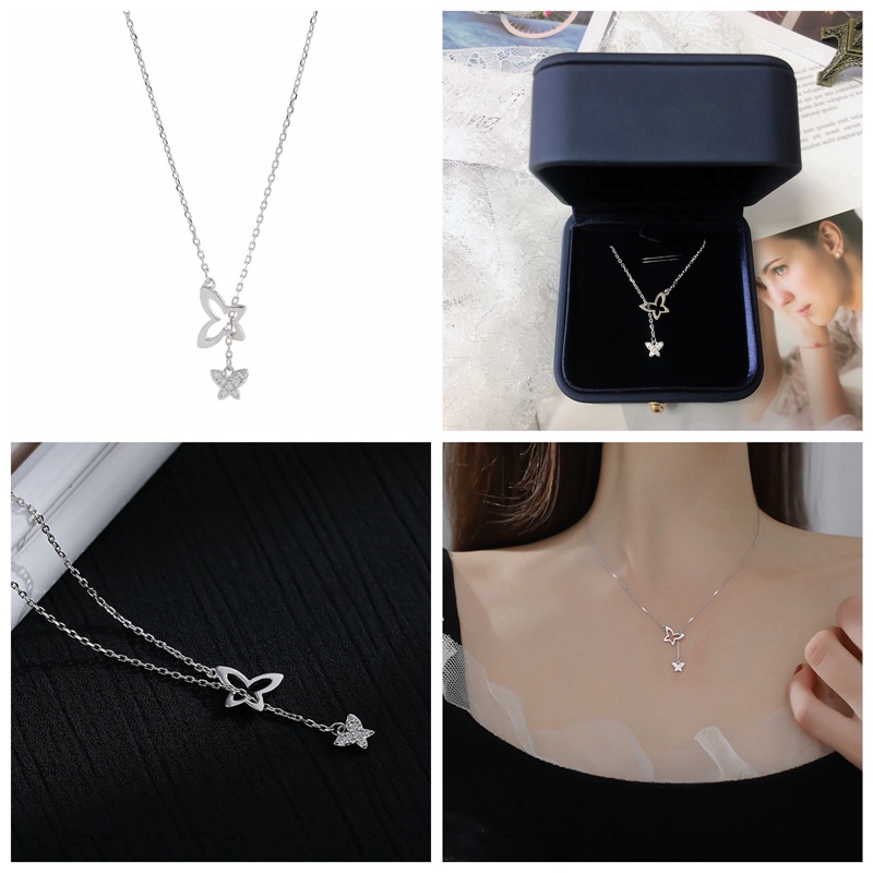 Kalung Rantai Klavikula 925 Sterling Silver Model Rumbai Kupu-Kupu Aksen Berlian Untuk Wanita